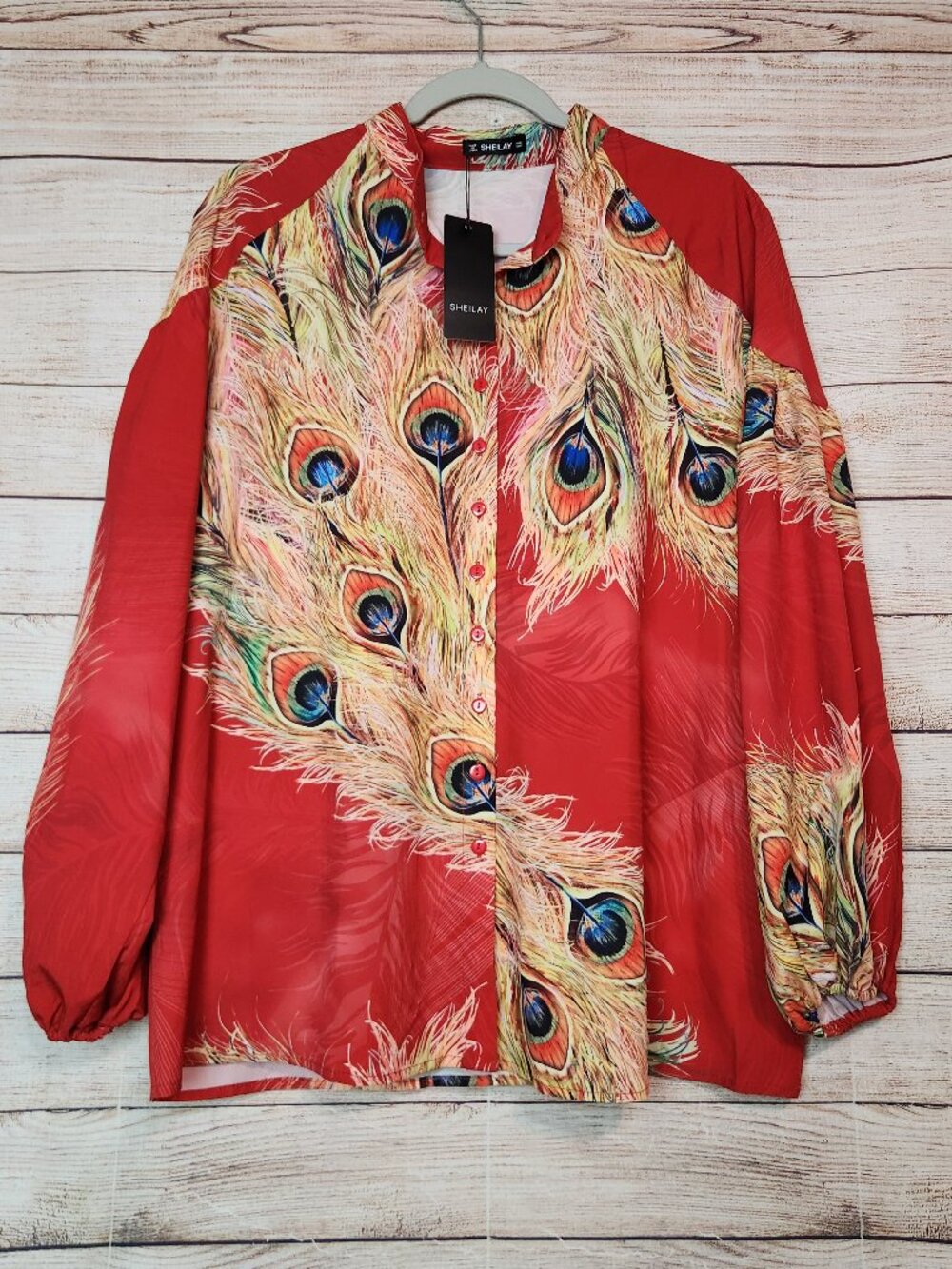 NWT Sheilay Women's Size Large Red Peacock Feather Print Button Down Shirt